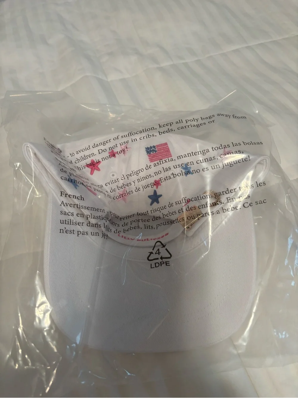 Lilly Pulitzer White Baseball Cap with Pink & Blue Star & Flag Embroidery